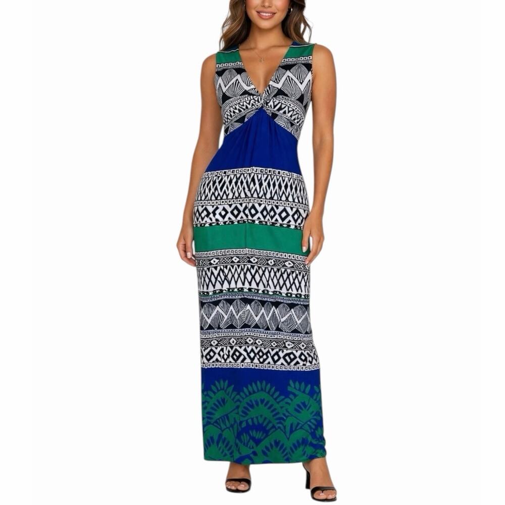 Chico’s Size 0 Blue Green Geometric Twist Front Stretch Maxi Dress XS Jersey - Picture 11 of 11